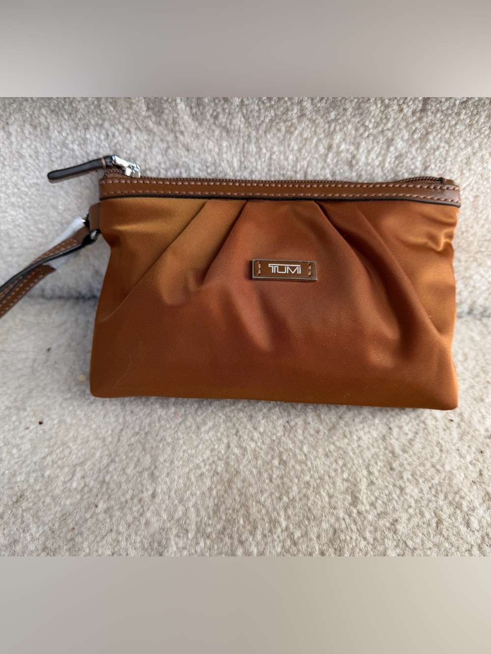 NWT Tumi Rust Brown Wristlet Clutch with Pleat Detail
